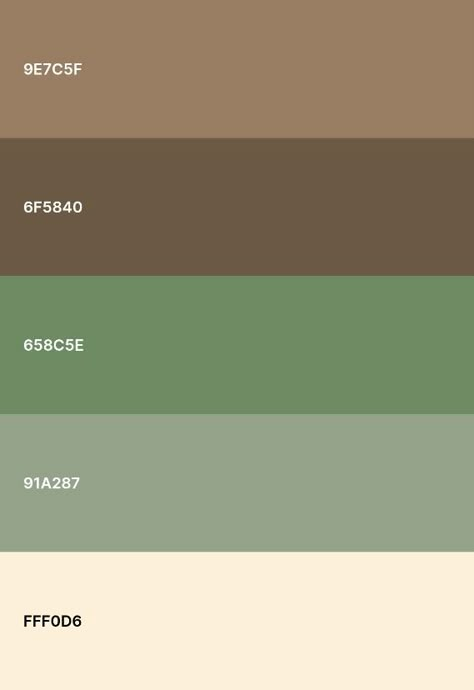 White Green Brown Aesthetic, Brown Tan Green Color Palette, Brown Green Room Aesthetic, Green Brown Aesthetic Outfit, Green Cream Brown Color Palettes, Earthly Colors Palette, Color Palette Brown Green, Matcha Color Pallette, Princess And The Frog Color Palette