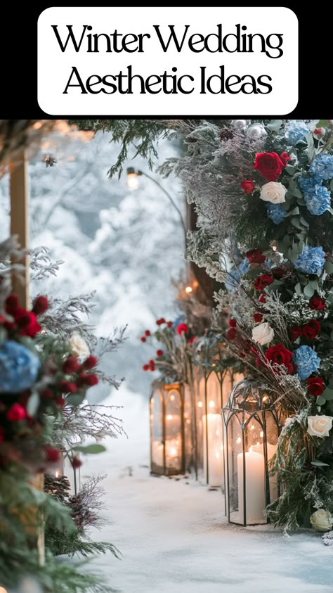 A beautiful winter wedding ceremony decorated with blue, green, and red accents, featuring snow-covered backdrops and seasonal flowers, for an elegant winter wedding aesthetic. Winter Wedding Wreath Centerpieces, Navy And Silver Winter Wedding, Winter Wedding Photo Booth, Aspen Winter Wedding, Old Hollywood Winter Wedding, Snowy Wedding Ideas, Winter Wedding Light Blue, Winter Weddings Outside, Christmas Time Wedding Ideas