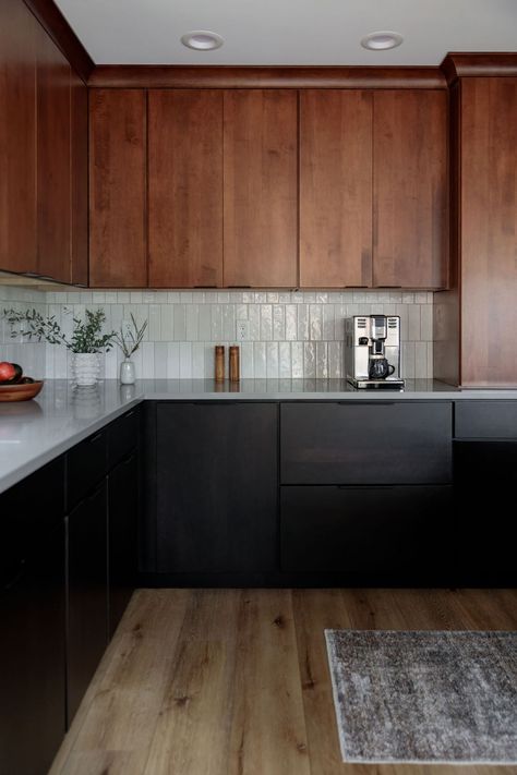 Modern Organic Kitchen, Dark Wood Kitchens, Walnut Kitchen, Narrow Kitchen, Organic Kitchen, Black Kitchen Cabinets, Mid Century Modern Kitchen, Wood Kitchen Cabinets, Modern Organic