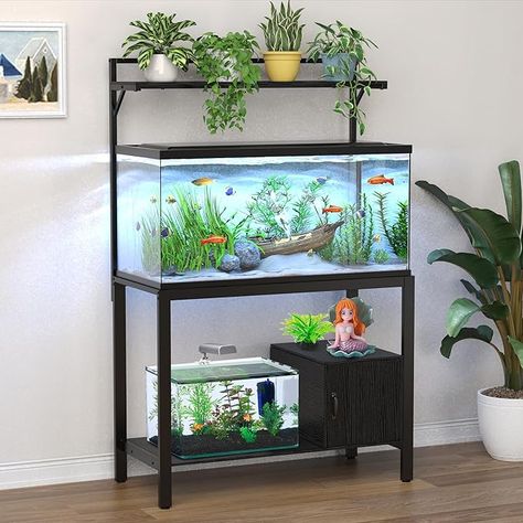 Amazon.com: GDLF 40-50 Gallon Fish Tank Stand with Plant Shelf Metal Aquarium Stand with Cubby Storage 36.6" x 18.5" Tabletop fits Aquarium,Turtle Tank,or Reptile Terrariums : Pet Supplies Aquarium Stand Ideas Living Rooms, Aquarium Design Fish Tanks, Fish Tank Stand Ideas, Aquarium Stand Ideas, Fish Aquarium Ideas, Tabletop Terrarium, Fish Tank Ideas, Snail Tank, Aquarium Stands