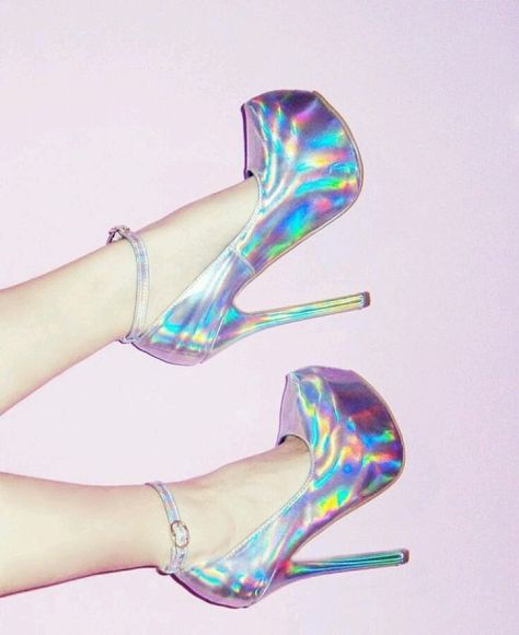 Pastel Goth Shoes, Holographic Shoes, Silver Shoes Heels, Holographic Heels, Holographic Fashion, Pastel Shoes, Cute High Heels, Goth Shoes, Silver High Heels