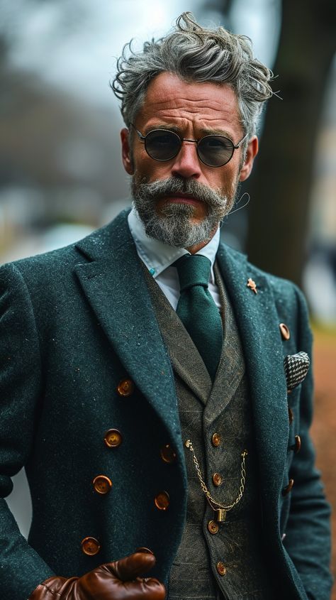 Mens Steampunk Outfit, Eccentric Male Fashion, Vintage Look Men, Dandy Man, Men Steampunk, Gentleman Mode, Old Man Fashion, Older Mens Fashion, Mens Hairstyles With Beard