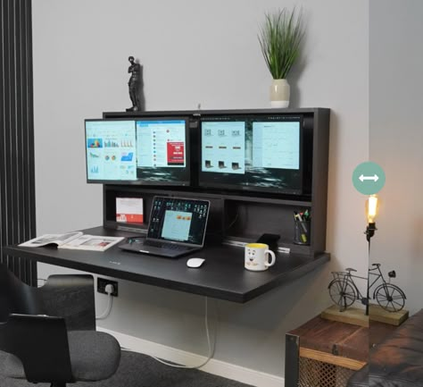 Wall Desk In Living Room, Studio Home Office Ideas, Hidden Home Office In Bedroom, Computer Wall Cabinet, Tiny Home Gaming Setup, Desk To Hide Monitors, Desk Coming Out From Wall, Small Space Desk Two Monitors, Wall Mounted Computer Desk Space Saving