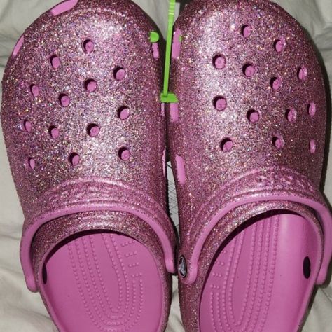 Glitter Pink Taffy Crocs Pink Glitter Crocs, Crocs Aesthetic, Crocs Ideas, Trendy Footwear, Pink Crocs, Everything I Own, Perfect Dark, Pink Platforms, Ethereal Aesthetic