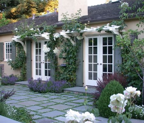 My inspired French door look for the backyard look. Eyebrow Pergola, Pergola Corner, Slate Pavers, Mediterranean Patio, White Pergola, Small Pergola, Pergola Diy, Corner Brackets, Patio Pergola