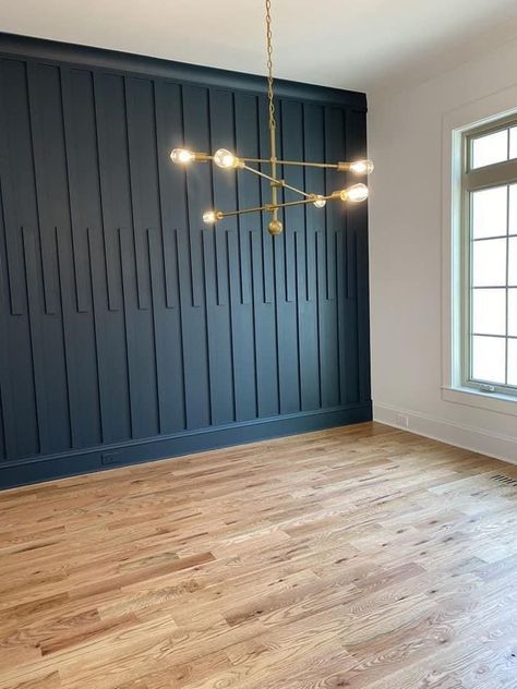 Wood Accent Wall Ideas, Navy Accent Walls, Wood Feature Wall, Wooden Accent Wall, Dining Room Accent Wall, Accent Wall Design, Black Feature Wall, Wood Wall Design, Blue Accent Walls