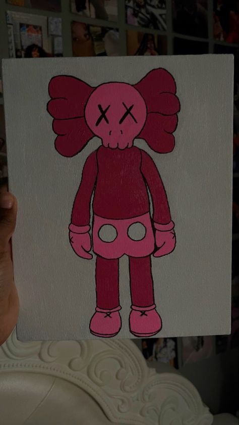 Pink Kaws Canvas Painting, Blue Kaws Painting, Kaw Paintings On Canvas, Canvas Painting Ideas Kaws, Kaws Bear Painting, Drawing Ideas Kaws, Pink Kaws Painting, Kaws Outline Drawing, Vday Paintings