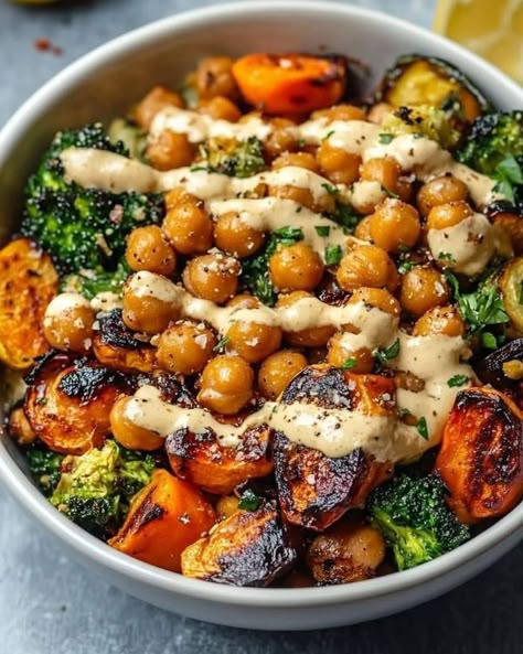 Martha Stewart Recipes cooking | Roasted Vegetable and Chickpea Bowl with Maple Dijon Tahini Dressing | Facebook Chickpea Bowl, Martha Stewart Recipes, Healthy Bowls, Roasted Vegetable, Veggie Bowl, Tahini Dressing, God Mat, Broccoli Florets, Mediterranean Diet Recipes