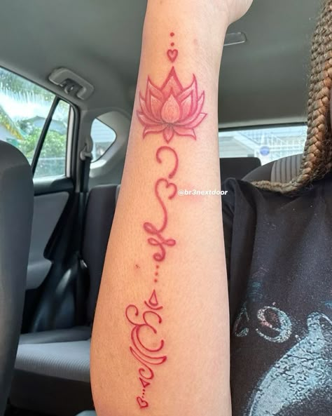 Hindu Unalome Tattoo, Spiritual Tattoos For Women Arm, Red Girly Tattoos, Lotus Tattoo Black Women, Lotus Flower With Words Tattoo, All Red Tattoos For Women, Hand Tattoos For Women Red, Tattoo Ideas Lotus Flower, Spiritual Arm Tattoos For Women