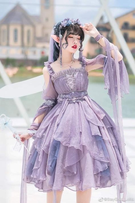 Fairy Core Outfits Purple, Princesscore Aesthetic Outfits, Magical Dresses Fairytale, Fairy Outfit Aesthetic, Purple Dress Short, Royalty Dresses, Ulzzang Dress, Elegant Gothic Aristocrat, Fairy Core Outfits