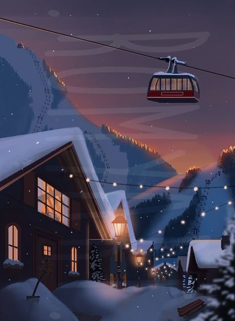 Ski Village Illustration, Snowy Mountain Illustration, Winter Village Illustration, Snow Mountain Illustration, Snowy Environment, Village At Night, Winter Wonderland Wallpaper, Village Drawing, Ski Village