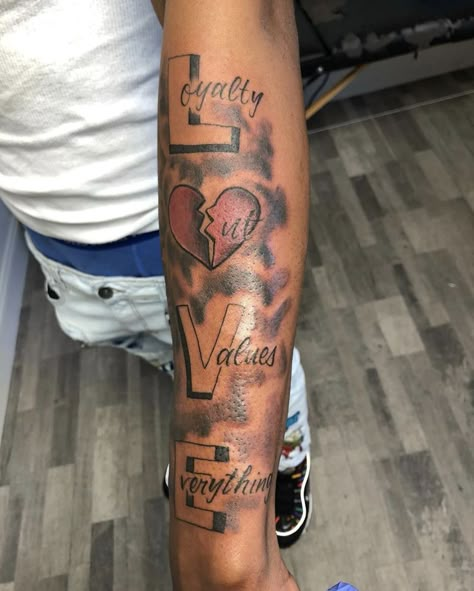 Loyalty Out Values Everything Tattoo For Men, Loyalty Out Values Everything Tattoo Design, Love Out Values Everything Tattoo, Loyalty Out Values Everything Tattoo, Heavenly Tattoos, Loyalty Out Values Everything, Everything Tattoo, Back Of Forearm Tattoo, Arm Tattoos Black