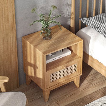 Rattan Nightstand Bedroom, Accent Drawer, Boho Nightstand, Rattan Nightstand, Nightstand Bedroom, Nightstand Wood, Drawer Wood, Mid Century Living Room, Wooden Nightstand