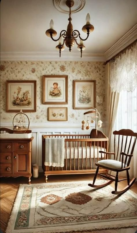 Wallpaper Crib Wall, Jenny Lind Nursery Furniture, Vintage Chair Decor Ideas, Country Vintage Nursery, Vintage Girls Room Ideas, Vintage Rocking Chair Nursery, Vintage Baby Nursery Girl, Cottage Themed Nursery, Vintage Nature Nursery