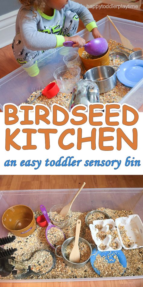 Birdseed Kitchen Sensory Bin - HAPPY TODDLER PLAYTIME Quiet Toddler Activities, Sensory Table Ideas, Toddler Sensory Bins, Sensory Tubs, Preschool Sensory, Sensory Bin Ideas, Sensory Bags, Happy Toddler, Easy Toddler Activities