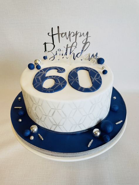 Birthday Cake 60 Men, 60 Years Birthday Cake For Men, Navy Blue And White Birthday Cake, Blue 60th Birthday Party Ideas, Navy Blue And Silver Birthday Cake, Blue 60th Birthday Cake, 60th Birthday Cake Men, Birthday Cake For 60 Year Old Man, 50 Birthday Cake Men