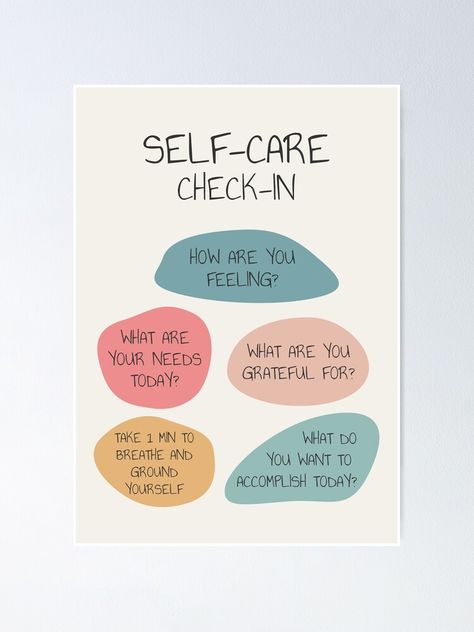 "Self Care Check In Self Love Mental Health Wellbeing Therapist Office School Counselor Corner Wellness Art Therapy Tool Emotional Intelligence Self Awareness" Poster by TherapyTools | Redbubble Wellness Corner Ideas, Social Work Self Care, Mental Wellbeing Poster, Mental Awarness Poster Ideas, Wellbeing Room School, Wellbeing Poster Design, Well Being Room School, Wellbeing Room Office, Self Care Poster Design