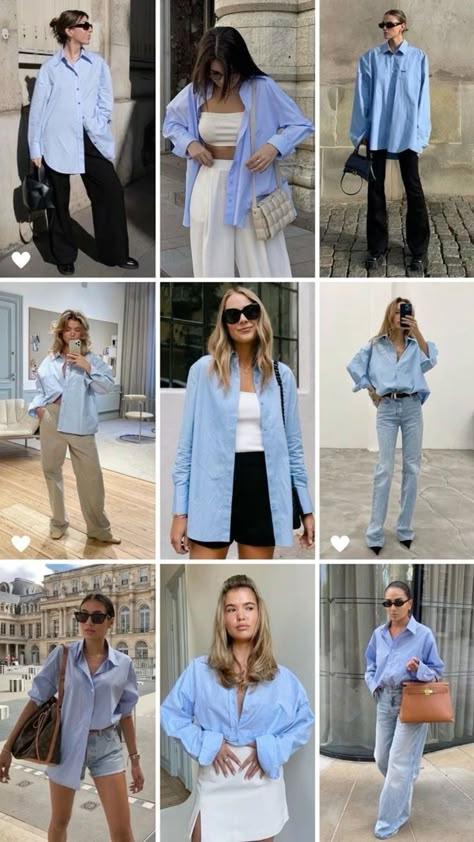 Outfits With Blue Shirts Casual, Women Blue Shirt Outfit, Light Blue Shirt Outfit Women Summer, 2024 Basic Outfits, Striped Shirt Summer Outfit, Outfits With Blue Striped Shirt, Blue Boyfriend Shirt Outfit, Boyfriends Shirt Outfit, Styling Boyfriend Shirt