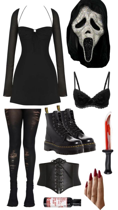 #screammovie #halloweencostume #halloweeninspo #costumeinspo #outfitinpso Halloween Outfit Inspo Scary, Cute Ghost Face Halloween Costume, Halloween Costumes Women Spooky, Goth Halloween Costumes Women, Cool Scary Halloween Costumes, Halloween Ideas Fantasias, Halloween Costume With A Black Dress, Ghost Face Costume Women Outfit, Scream Movie Outfits