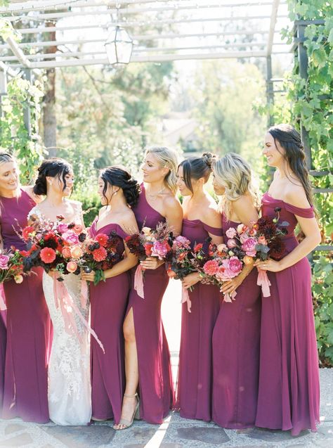 Mulberry Color Dress, Winter Berry Bridesmaid Dresses, Berry Bridesmaid Dresses Color Schemes, Purple Red Bridesmaid Dresses, Red Pink Purple Wedding Bridesmaid Dresses, Mulberry Wedding Colors, Mulberry Dress Bridesmaid, Pink Purple Maroon Wedding, Berry Color Bridesmaid Dresses