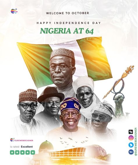 HAPPY NEW MONTH AND INDEPENDENCE DAY MY FELLOW NIGERIANS. NIGERIA AT 64 #october #independenceday #surewebdesigner #nolimitshost #webdesigner #dev Nigeria Independence Day Background, Nigeria Independence Day Design, Independence Day Graphic Design, Independence Day Flyer Design, Flier Designs, Independence Day Flyer, Happy Independence Day Nigeria, Nigeria Independence Day, Hair Poster Design