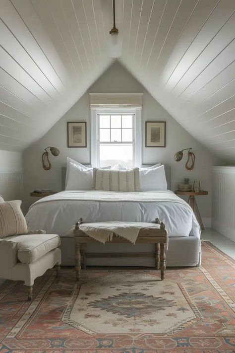 25 Charming Cape Cod Upstairs Bedroom Ideas to Inspire You - Roomy Retreat Small Cape Cod Living Room, Slant Ceiling Bedroom, Cape Cod Upstairs Bedroom, Cape Cod Bedroom Ideas Sloped Ceiling, Upstairs Bedroom Ideas Slanted Ceiling, Upstairs Bedroom Ideas, Loft Bedroom Ideas Sloped Ceiling, Dormer Bedroom Ideas, Cape Cod Interiors