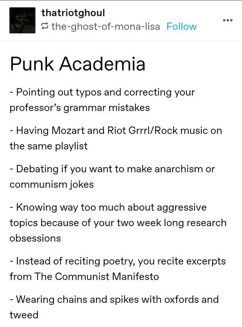 Academia Activities, Punk Academia Aesthetic, Dark Academia Activities, Riot Grrrl Aesthetic, Study Moodboard, Punk Dark Academia, Punk Academia, Chaotic Academia Aesthetic, 8th Grader