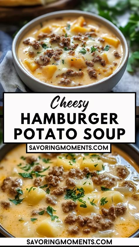 This rich and creamy soup combines hearty ground beef, tender potatoes, and melted cheese for a bowl of pure warmth and flavor. Perfect for cozy nights or feeding a crowd, it’s the ultimate comfort food. Hungry? Click for the full recipe #cheesysoup #comfortfood #hamburgerpotatosoup #easyrecipes #cozysoups #homemadesoup #cheesyrecipes #fallrecipes #quickdinner #familydinnerideas #souplovers O’brien Potato Soup, Potato And Rice Recipes Meals, Creamy Hamburger Potato Soup Crockpot, Creamy Potatoes And Hamburger Soup, Meals With Ground Hamburger, Cheesy Hamburger Potato Soup Crock Pot, Cheesy Hamburger Potato Soup Recipe, Crock Pot Hamburger Potato Soup, Hamburger Mashed Potato Recipes