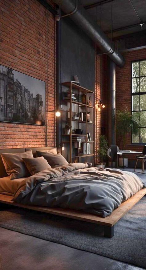 Modern Masculine Bedroom, Industrial Bedroom Design, Industrial Style Bedroom, Industrial Bedroom, Loft Interiors, Industrial Interior Design, Brick Walls, Home Decor Living Room, Loft Design