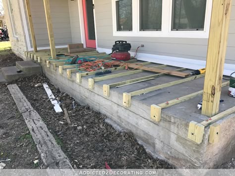 Deck Over Concrete, Wood Front Porch, Concrete Front Porch, Front Porch Remodel, Porch Kits, Front Porch Makeover, Wood Porch, Porch Remodel, Floor Wood