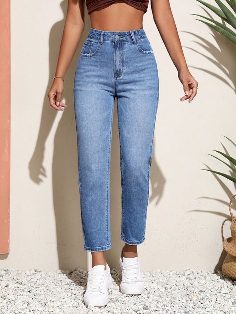 SHEIN Unity High Waist Mom Fit JeansI discovered amazing products on SHEIN.com, come check them out! Mom Fit Jeans, Simple Lehenga, Casual Day Outfits, Jeans Mom, Fashion Hacks Clothes, Women Denim Jeans, Cute Simple Outfits, Amazing Products, Simple Outfits