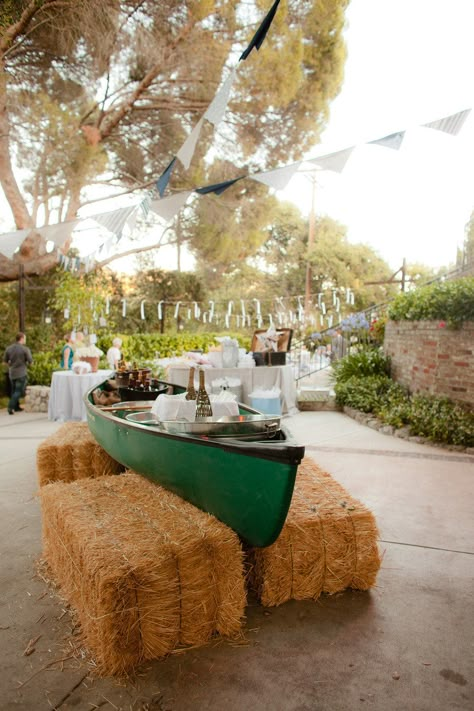 Canoe Bar, Canoe Wedding, Fishing Themed Wedding, Fishing Wedding, Picnic Style, Yard Wedding, Camp Wedding, Floral Event Design, Hay Bales