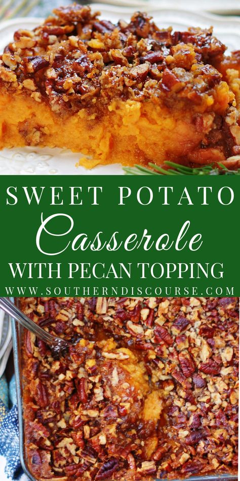 Sweet Potato Casserole with Pecan Topping - southern discourse Sweet Potatoes Casserole With Pecans, Aesthetic Landscape Wallpaper, Sweet Potato Casserole Southern, Pecan Streusel Topping, Southern Discourse, Potatoes Casserole, Thanksgiving Tradition, Sweet Pot, Best Sweet Potato Casserole