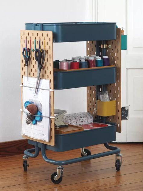 21 Ways to Hack the IKEA Råskog Utility Cart Small Room Vanity, Caravan Awning Interior, Raskog Ikea, Closet Under Stairs, Ikea Raskog, Wooden Shoe Storage, Ikea Craft Room, Sewing Room Inspiration, Garage Shelves