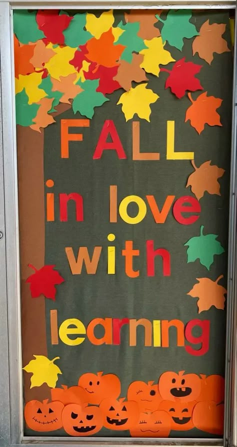 Fall Classroom Door Ideas, Fall Classroom Door, Fall In Love With Learning, Halloween Classroom Door, Classroom Door Decor, Classroom Door Ideas, Fall Classroom Decorations, School Door Decorations, Fall Bulletin Boards