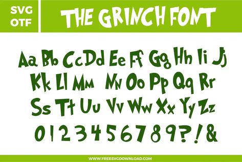 Free Grinch Font SVG file for festive projects. Perfect for Cricut and Silhouette, this playful Christmas font includes letters, numbers, and punctuation. Free Grinch Font For Cricut, Grinch Font Cricut, Grinch Font Free, Free Grinch Svg Files For Cricut, Grinch Font, Grinch Svg Free, Grinch Printable, Disney Font Free, Jungle Theme Birthday Party