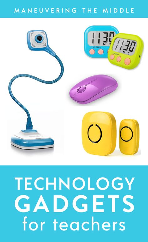 Wireless doorbells, timers, and the hue doc cam. What other technology gadgets are the absolute best for teachers and students? | maneuveringthemiddle.com Classroom Gadgets, Teacher Gadgets, Math Websites, Technology Classroom, Teaching Computers, Tech Room, Best Tech Gadgets, Technology Lab, Tech Projects