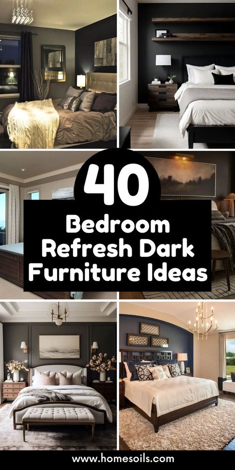 Transform your bedroom with 40 dark furniture ideas that exude sophistication and style. From Modern Palm Springs to Eclectic Vintage Hideaways, discover how to create a serene and elegant retreat with dark wood, metal frames, and moody textiles. Elevate your space today! #BedroomDecor #DarkFurniture #HomeDesign Dark Bedroom Walls, Dark Brown Bedrooms, Dark Wood Bedroom Furniture, Dark Gray Bedroom, Dark Wood Bedroom, Dark Brown Furniture, Dark Wood Bed, Dark Bedroom Furniture, Bedroom Decoration Ideas