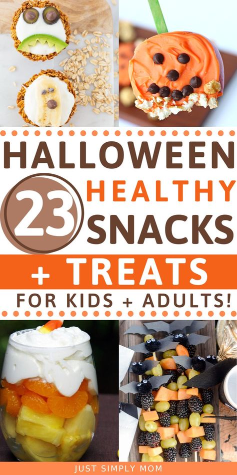 These healthy Halloween treats for adults & kids will be a hit at any party, school gathering, or just as an after school snack. Make their healthy halloween snacks fun and tasty this fall Halloween Party Healthy Food, October Treats For Kids, October Treats To Make, Healthy Halloween Party Snacks, Halloween Breakfast Ideas For Adults, October Treats For Teachers, Fall Party School Ideas, Halloween Snacks Toddlers, Halloween Breakfast Ideas For Kids Easy