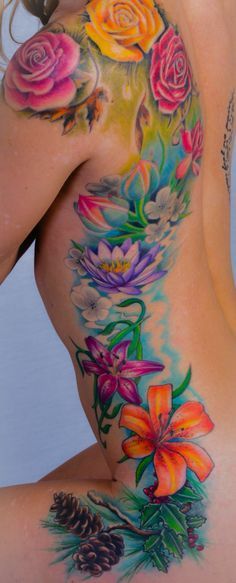 Colorful Flower Back Tattoo, Colorful Sleeve Tattoos, Tattoo Beautiful, Bright Tattoos, Tattoo Color, Black Girls With Tattoos, Harry Potter Tattoos, Pretty Tattoos For Women, Tattoos For Black Skin