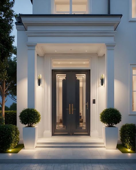 Working on a proposal for a Surrey Home. A glimpse of formal front porch , blending classical elegance with a modern twist. Would you like to enter your future home? #FrontPorch #SurreyHomes #ClassicalDesign #ModernTwist #HomeInspiration #LuxuryLiving #ArchitecturalDesign #DreamHome #ElegantEntrance #HomeDesign #ExteriorDesign #BespokeHomes #FutureHome #DesignExcellence New Classic Entrance, Villa Entrance Design Exterior, Modern Double Front Doors, Luxury Houses Entrance, Exterior House Doors, Elegant Doors, French Doors Exterior, Classic House Exterior, Home Hall Design