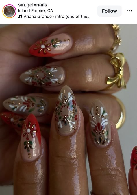 Nails Red And Gold, Bohemian Nails, Press On Nails Red, Christmas Nail Inspo, Sheer Polish, Artistic Nails, Abstract Nail Art, Nail Art Inspo, Nails Red