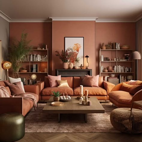 Terracotta And White Living Room, Terracotta Wall Color Living Room, Tera Cotta Living Room, Terracotta Wall Living Room, Terracota Wall Living Room, Orange House Interior, Terracotta Study, Light Terracotta Walls, Clay Colored Walls