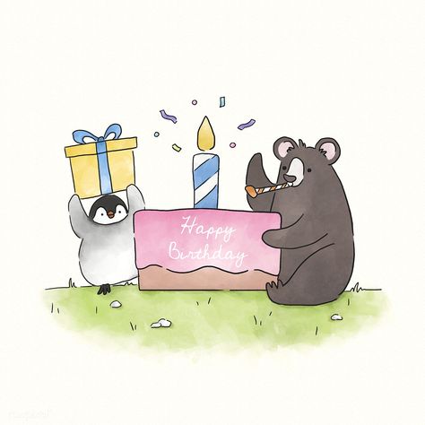 Bear and penguin having a birthday party | premium image by rawpixel.com Penguin Birthday Illustration, Happy Birthday Penguin, Birthday Penguin, Cartoon Grass, Cute Animal Tattoos, Illustration Birthday, Penguin Cartoon, Bear Sitting, Penguin Birthday