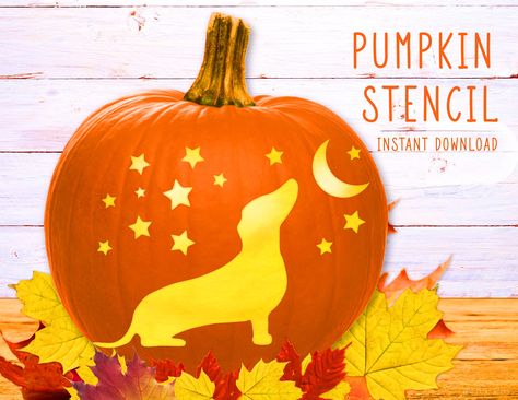 Lantern Pumpkin Carving, Dachshund Pumpkin, Pumpkin Carving Templates Free, Pumpkin Carving Template, Halloween Dachshund, Dachshund Painting, Printable Stencil, Halloween Pumpkin Stencils, Pumpkin Stencils