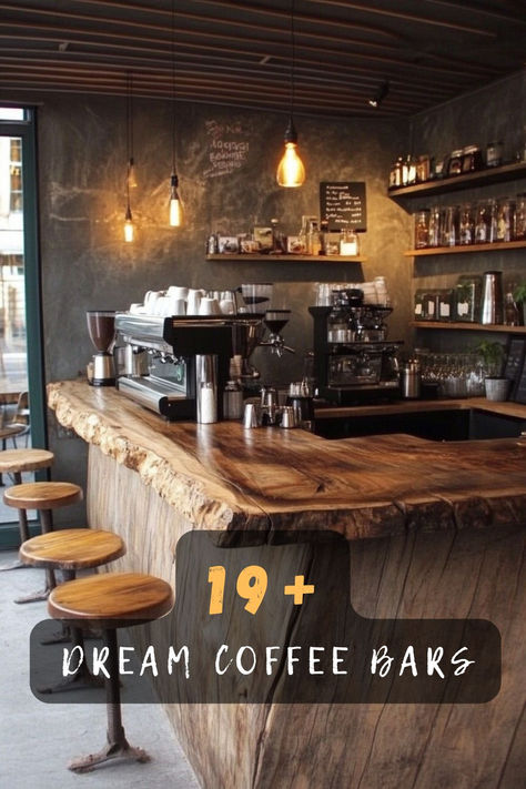 Dreaming of the perfect home coffee bar? Click for inspiring setups that make every morning special. ☕🏡✨ #CoffeeBarIdeas #HomeCoffeeStation #MorningRoutine #HomeDecor #CoffeeLover Cocktail And Coffee Bar Designs Idea, Coffee Shop Wine Bar, Coffee Shop Ideas Design Cafe Interiors, Fancy Coffee Bar, Cozy Coffee Shop Interior, Bar Ideas For Restaurants, Church Coffee Bar Ideas, Church Cafe Design, Cozy Coffee Shop Aesthetic