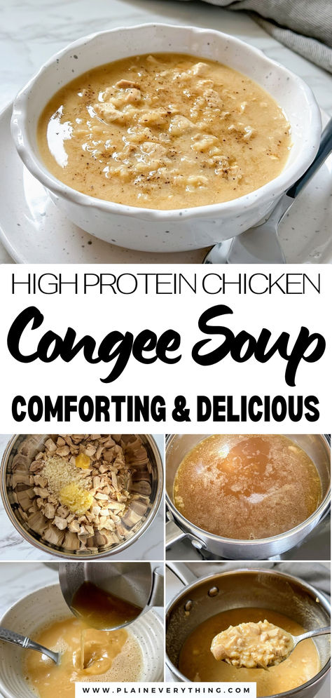 Chicken Congee Soup | High Protein + Gut Healing What To Do With Chicken Broth, Jaw Wired Shut Recipes Liquid Diet, Gut Healing Meals, Chicken Congee Recipe, Soup High Protein, Collagen Soup, Healing Chicken Soup, Gut Healing Soup, Bone Broth Soup Recipes