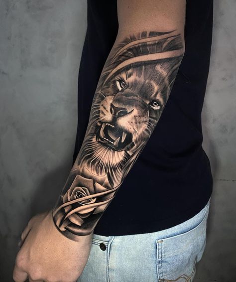 Arms Tatoos Men, Men Tatoos Arms, Outside Arm Tattoo For Men, Arms Tattoo Men, Full Forearm Tattoo Men, Lion Tattoo Forearm, Inside Forearm Tattoo Men Sleeve, Leones Tattoo, Men Arm Tattoos