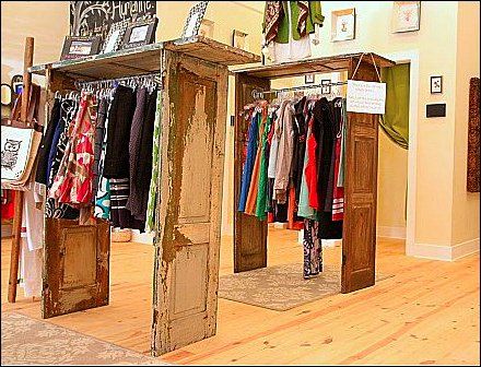 Old Window Shutters, Recycled Door, Salvaged Doors, Retail Fixtures, Doors Repurposed, Boutique Display, Clothing Displays, Upcycle Decor, Door Shelves