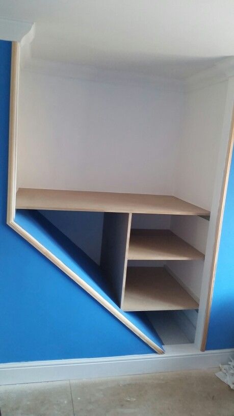 Space above the stairs made useful Stair Box Ideas, Stair Box In Bedroom, Bulkhead Bedroom, Over Stairs Storage, Apartment Furniture Ideas, Stairs Bulkhead, Box Room Bedroom Ideas, Airing Cupboard, Storage Solutions Bedroom